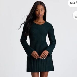 Lulus Convincing Poise Dark Green Ribbed Long Sleeve Skater Mini Dress - Size M